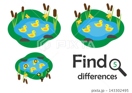 Find 5 differences, game for children, pond with ducks in cartoon style, education game for kids, preschool worksheet activity, task for the development of logical thinking, vector illustration Find 5 differences, game for children, pond with ducks in cartoon style, education game for kids, preschool worksheet activity, task for the development of logical thinking, vector illustration 143302495