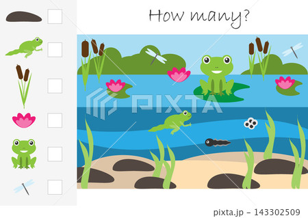 How many counting game, pond with frog for kids, educational maths task for the development of logical thinking, preschool worksheet activity, count and write the result, vector illustration How many counting game, pond with frog for kids, educational maths task for the development of logical thinking, preschool worksheet activity, count and write the result, vector illustration 143302509