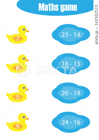 Maths game with pictures of pond and ducks for children, middle level, education game for kids, preschool worksheet activity, task for the development of logical thinking, vector illustration Maths game with pictures of pond and ducks for children, middle level, education game for kids, preschool worksheet activity, task for the development of logical thinking, vector illustration 143302515
