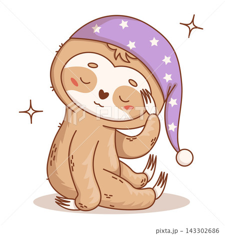 Cute Kawaii Sleepy Sloth in Nightcap. Sitting Little Baby Animal Character Drowsy and Cozy. Vector Illustration. Kids collection for Children Pajamas and Nursery Design. 143302686