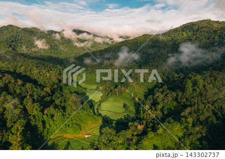 Aerial view of terraced rice fields in a valley surrounded by foggy mountains at sunrise in Southeast Asia. Aerial view of terraced rice fields in a valley surrounded by foggy mountains at sunrise in Southeast Asia. 143302737