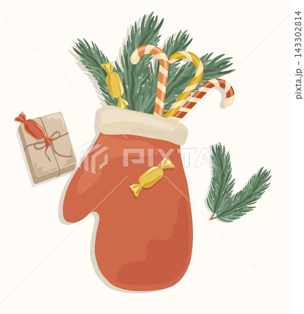 Flat lay Christmas mitten with pine branch gift box and candy cane isolated on background. Cozy eco winter holiday vector greeting card layout Flat lay Christmas mitten with pine branch gift box and candy cane isolated on background. Cozy eco winter holiday vector greeting card layout 143302814