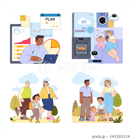 Smart home family planning and daily life vector illustration set with worker using laptop and schedule, connected kitchen devices, parent caring for child, and family walking outdoors Smart home family planning and daily life vector illustration set with worker using laptop and schedule, connected kitchen devices, parent caring for child, and family walking outdoors 143303114