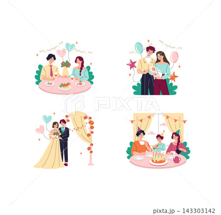 Family and couple celebrating milestones with dinner, baby event, wedding and birthday party scenes, balloons, cake and flowers in flat vector illustration isolated on white Family and couple celebrating milestones with dinner, baby event, wedding and birthday party scenes, balloons, cake and flowers in flat vector illustration isolated on white 143303142