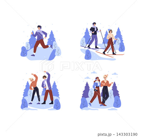 Winter outdoor activities set with people running on snow, skiing, stretching, and walking in a snowy park with trees and snowfall, flat vector illustration for seasonal lifestyle themes Winter outdoor activities set with people running on snow, skiing, stretching, and walking in a snowy park with trees and snowfall, flat vector illustration for seasonal lifestyle themes 143303190