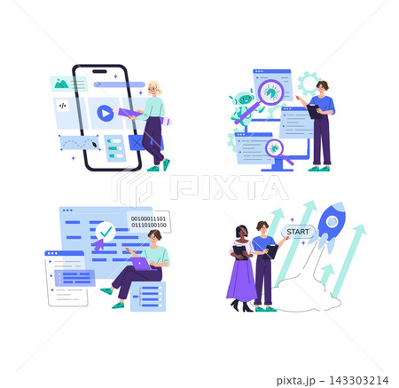 Software development vector illustration set with people working on mobile app design, bug testing, code review and startup launch planning on isolated white background 143303214