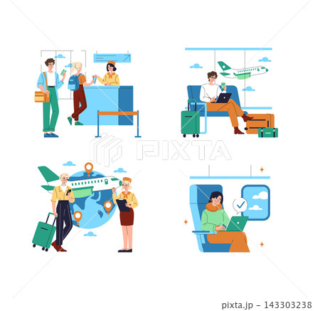 Air travel vector illustration set with passengers checking in at airport counter, waiting with luggage, using laptop on board, and planning international trip routes with staff Air travel vector illustration set with passengers checking in at airport counter, waiting with luggage, using laptop on board, and planning international trip routes with staff 143303238