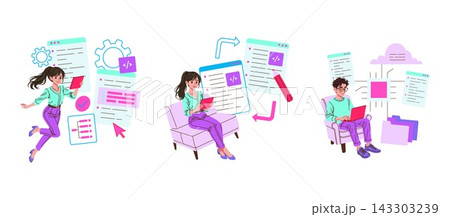 Vector illustration set of programmers working on tablets and laptops with code windows, cloud data, folders, arrows and settings icons, showing software development and file management 143303239