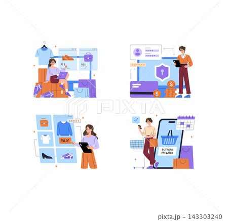 Ecommerce vector illustration set showing people browsing products, buying clothes, checking secure payment, and using buy now pay later on mobile shopping screens with calm expressions 143303240