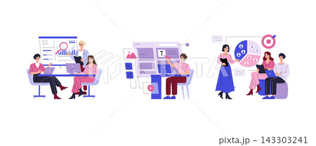Marketing and business teamwork vector illustration set with people analyzing charts, editing website content, and planning audience targeting on screens with focused calm expressions Marketing and business teamwork vector illustration set with people analyzing charts, editing website content, and planning audience targeting on screens with focused calm expressions 143303241