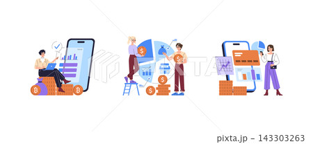 Mobile finance vector illustration set with people using smartphone apps for payments investments budgeting and digital banking with charts coins cards and positive focused emotions Mobile finance vector illustration set with people using smartphone apps for payments investments budgeting and digital banking with charts coins cards and positive focused emotions 143303263