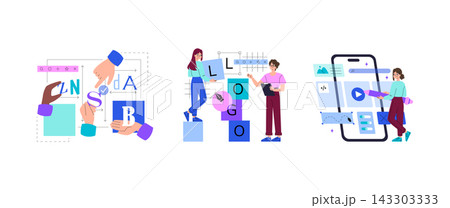 Creative team arranging letters, editing brand typography and drawing mobile interface screens for digital product design, UI planning and graphic workflow in vector illustration 143303333