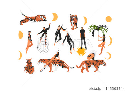 Circus Acrobats and Tigers Vector Set, Performing Artists with Wild Animals, Female and Male Circus Performers Hand Drawn Illustration Collection Circus Acrobats and Tigers Vector Set, Performing Artists with Wild Animals, Female and Male Circus Performers Hand Drawn Illustration Collection 143303544