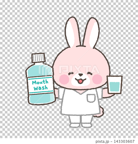 A pink rabbit medical staff member holding mouthwash A pink rabbit medical staff member holding mouthwash 143303607