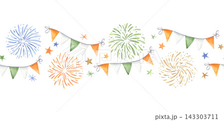 Festive seamless banner with fireworks, bunting garlands, and stars in blue, orange, green, and gold on isolated background. watercolor colorful pattern. Design for graduation cards, invitations Festive seamless banner with fireworks, bunting garlands, and stars in blue, orange, green, and gold on isolated background. watercolor colorful pattern. Design for graduation cards, invitations 143303711