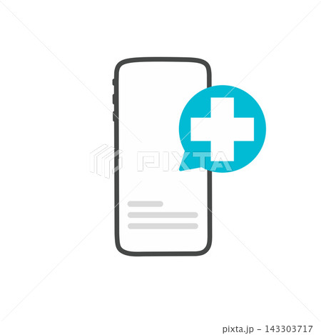 Mobile phone medical notification icon with chat bubble and cross symbol Mobile phone medical notification icon with chat bubble and cross symbol 143303717