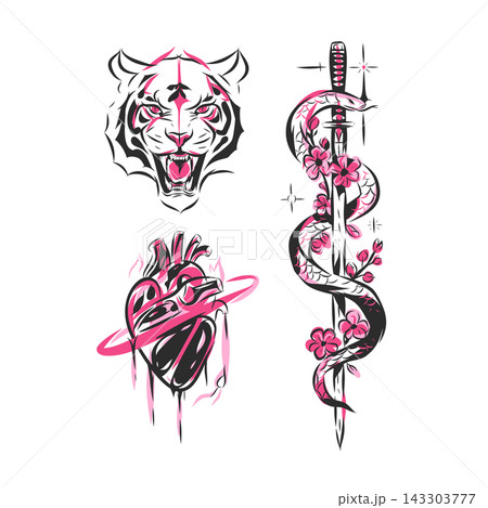 Japanese Tattoo Flash Set with Tiger, Anatomical Heart, Snake and Katana, Pink Black Mystical Japanese Style Vector Illustrations 143303777