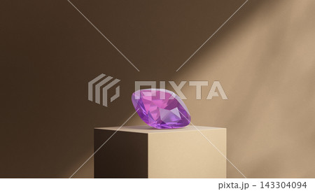 3d render, cushion cut purple gemstone, square cubic pedestal, angled side view, beige background. 3d render, cushion cut purple gemstone, square cubic pedestal, angled side view, beige background. 143304094