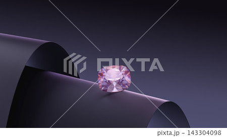 Cushion cut pink gemstone resting on curved matte surface, side top perspective, 3d render. 143304098