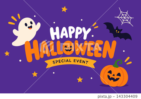 Happy Halloween Special Event Illustration with Ghost, Bat and Pumpkin Happy Halloween Special Event Illustration with Ghost, Bat and Pumpkin 143304409