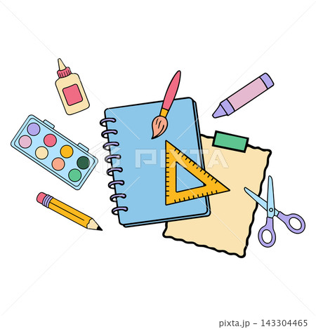 School project doodle with notebook pencil scissors ruler and art supplies for education and craft design assets 143304465