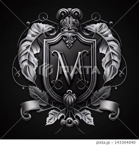 Luxury monogram letter M in the form of a shield with floral elements. 143304840