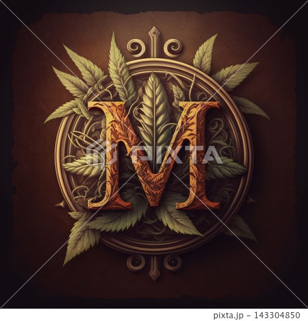 Vintage letter M with cannabis leaves and crown on dark background. Vintage letter M with cannabis leaves and crown on dark background. 143304850