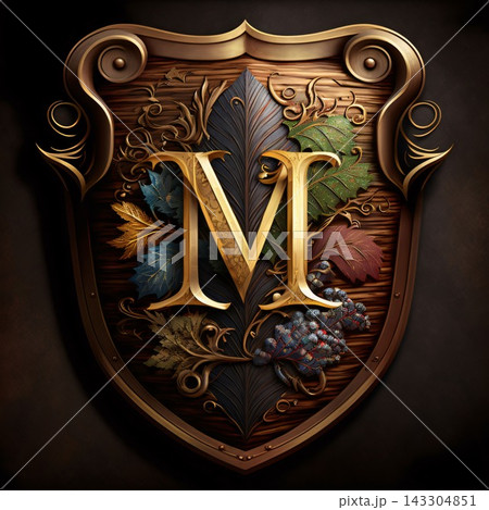 ornate shield with letter M in the center. 3d rendering 143304851