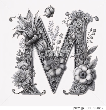 Luxury capital letter M with flowers and leaves in monochrome style 143304857