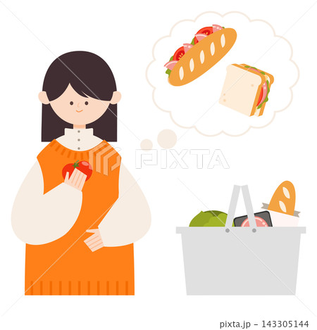 トマトを手に持ちサンドイッチ用の食材を選ぶ女性 トマトを手に持ちサンドイッチ用の食材を選ぶ女性 143305144