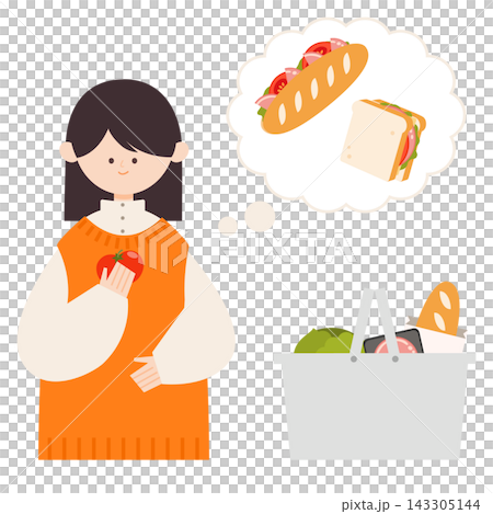 トマトを手に持ちサンドイッチ用の食材を選ぶ女性 トマトを手に持ちサンドイッチ用の食材を選ぶ女性 143305144