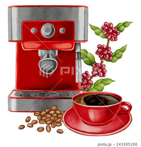Watercolor illustration of a coffee machine with a cup, coffee beans, and a kraft bag of coffee. Illustrations for coffee shops, cafes, packaging, menus, and product design. 143305200
