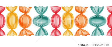 Watercolor seamless border of colorful sweets and candies in wrappers on white background. Holiday decorations for for birthdays, anniversaries, party invitations, children's design, card Watercolor seamless border of colorful sweets and candies in wrappers on white background. Holiday decorations for for birthdays, anniversaries, party invitations, children's design, card 143305256