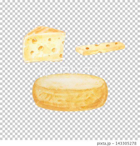 Artisan craft cheese set with whole wheel, wedge and slice with holes. Hand drawn watercolor illustration isolated on. Realistic detailed food clipart for menu design Artisan craft cheese set with whole wheel, wedge and slice with holes. Hand drawn watercolor illustration isolated on. Realistic detailed food clipart for menu design 143305278