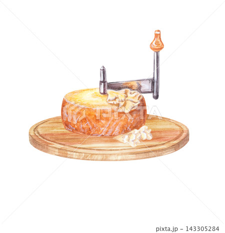 Artisan swiss cheese girolle curler on wooden board with rosette shaving. Hand drawn watercolor illustration isolated on. Realistic detailed food clipart for menu design Artisan swiss cheese girolle curler on wooden board with rosette shaving. Hand drawn watercolor illustration isolated on. Realistic detailed food clipart for menu design 143305284