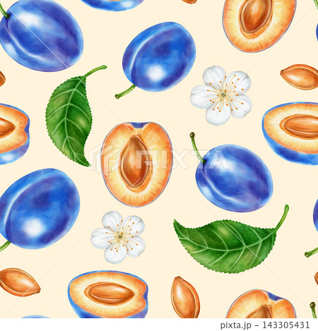 Hand drawn watercolor seamless pattern with ripe blue plums, halves, seeds, white flowers. Perfect for product logo, posters, packaging, textile, market advertising, wedding invitation, label, card 143305431