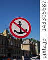 Anchor symbol maritime restriction safety sign with red slash over circle against clear blue sky above historic city buildings and rooftops in urban daylight Anchor symbol maritime restriction safety sign with red slash over circle against clear blue sky above historic city buildings and rooftops in urban daylight 143305687