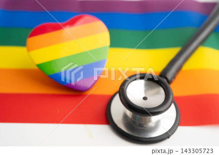 Stethoscope on LGBT rainbow flag, rights and gender equality. 143305723