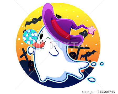 ハロウィンを楽しみながら飴を舐めているオバケ 143306743