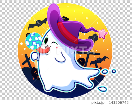 ハロウィンを楽しみながら飴を舐めているオバケ 143306743