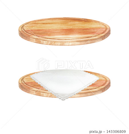Artisan round wooden board set with white lace napkin. Hand drawn watercolor illustration isolated on. Realistic detailed kitchenware clipart for menu design 143306809