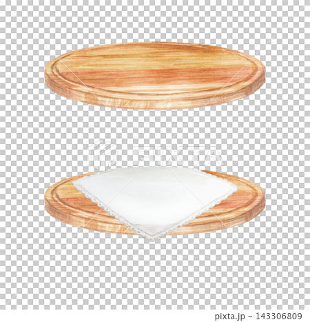 Artisan round wooden board set with white lace napkin. Hand drawn watercolor illustration isolated on. Realistic detailed kitchenware clipart for menu design Artisan round wooden board set with white lace napkin. Hand drawn watercolor illustration isolated on. Realistic detailed kitchenware clipart for menu design 143306809