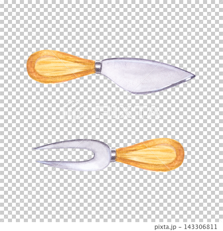 Artisan cheese knife and fork set with wooden handles. Hand drawn watercolor illustration isolated on. Realistic detailed kitchenware clipart for menu design Artisan cheese knife and fork set with wooden handles. Hand drawn watercolor illustration isolated on. Realistic detailed kitchenware clipart for menu design 143306811