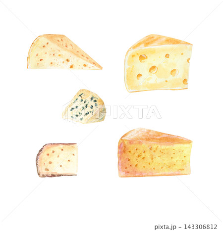Artisan craft cheese wedges set with blue mold, swiss holes and rind. Hand drawn watercolor illustration isolated on. Realistic detailed food clipart for menu design Artisan craft cheese wedges set with blue mold, swiss holes and rind. Hand drawn watercolor illustration isolated on. Realistic detailed food clipart for menu design 143306812