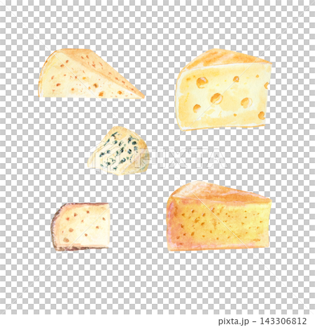 Artisan craft cheese wedges set with blue mold, swiss holes and rind. Hand drawn watercolor illustration isolated on. Realistic detailed food clipart for menu design Artisan craft cheese wedges set with blue mold, swiss holes and rind. Hand drawn watercolor illustration isolated on. Realistic detailed food clipart for menu design 143306812