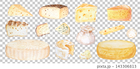 Artisan craft cheese collection with wheels, wedges, burrata, slices and blue mold. Hand drawn watercolor illustration isolated on. Realistic detailed food clipart for menu design Artisan craft cheese collection with wheels, wedges, burrata, slices and blue mold. Hand drawn watercolor illustration isolated on. Realistic detailed food clipart for menu design 143306813