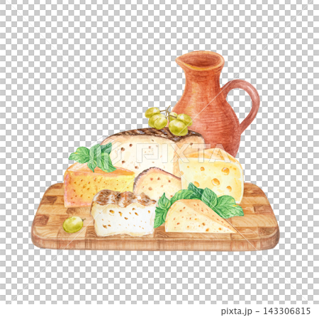 Artisan cheese platter set with clay jug, grapes and mint on wooden board. Hand drawn watercolor illustration isolated on. Realistic detailed gourmet food clipart for menu design Artisan cheese platter set with clay jug, grapes and mint on wooden board. Hand drawn watercolor illustration isolated on. Realistic detailed gourmet food clipart for menu design 143306815