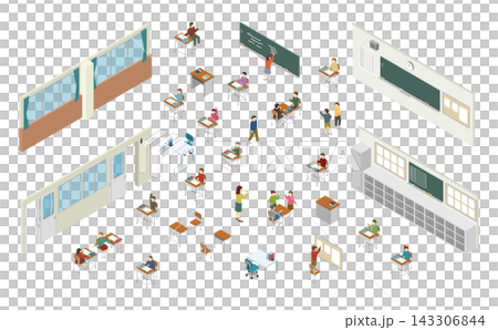 Isometric illustration: Set of elementary school students in a classroom Isometric illustration: Set of elementary school students in a classroom 143306844