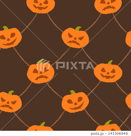 A simple and cute pattern featuring festive pumpkins on a brown background A simple and cute pattern featuring festive pumpkins on a brown background 143306949