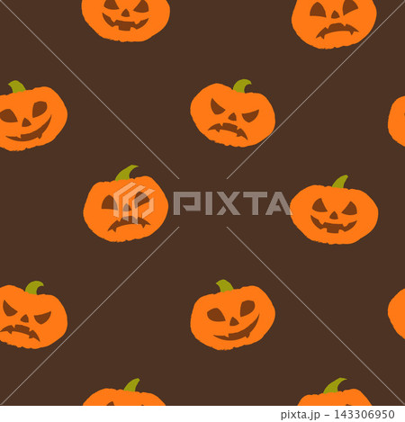 A simple and cute pattern featuring festive pumpkins on a brown background with decorative elements A simple and cute pattern featuring festive pumpkins on a brown background with decorative elements 143306950